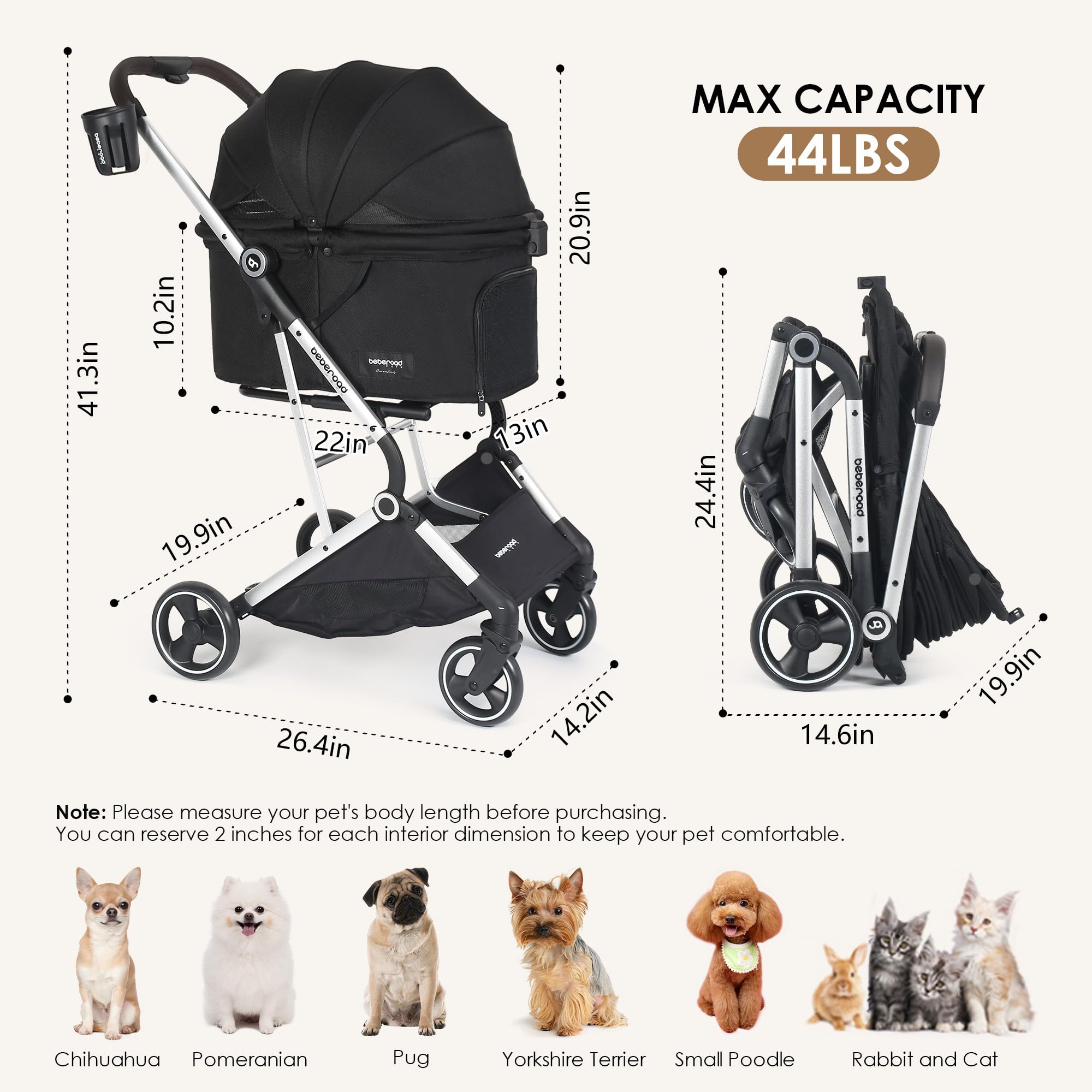 BEBEROAD PETS T4, porte-gobelet et rangement arrière pour vos essentiels.