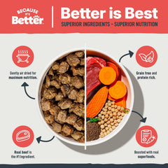 Because It’s Better: ingrédients entiers visibles (carottes, potiron, myrtilles) pour nutrition naturelle