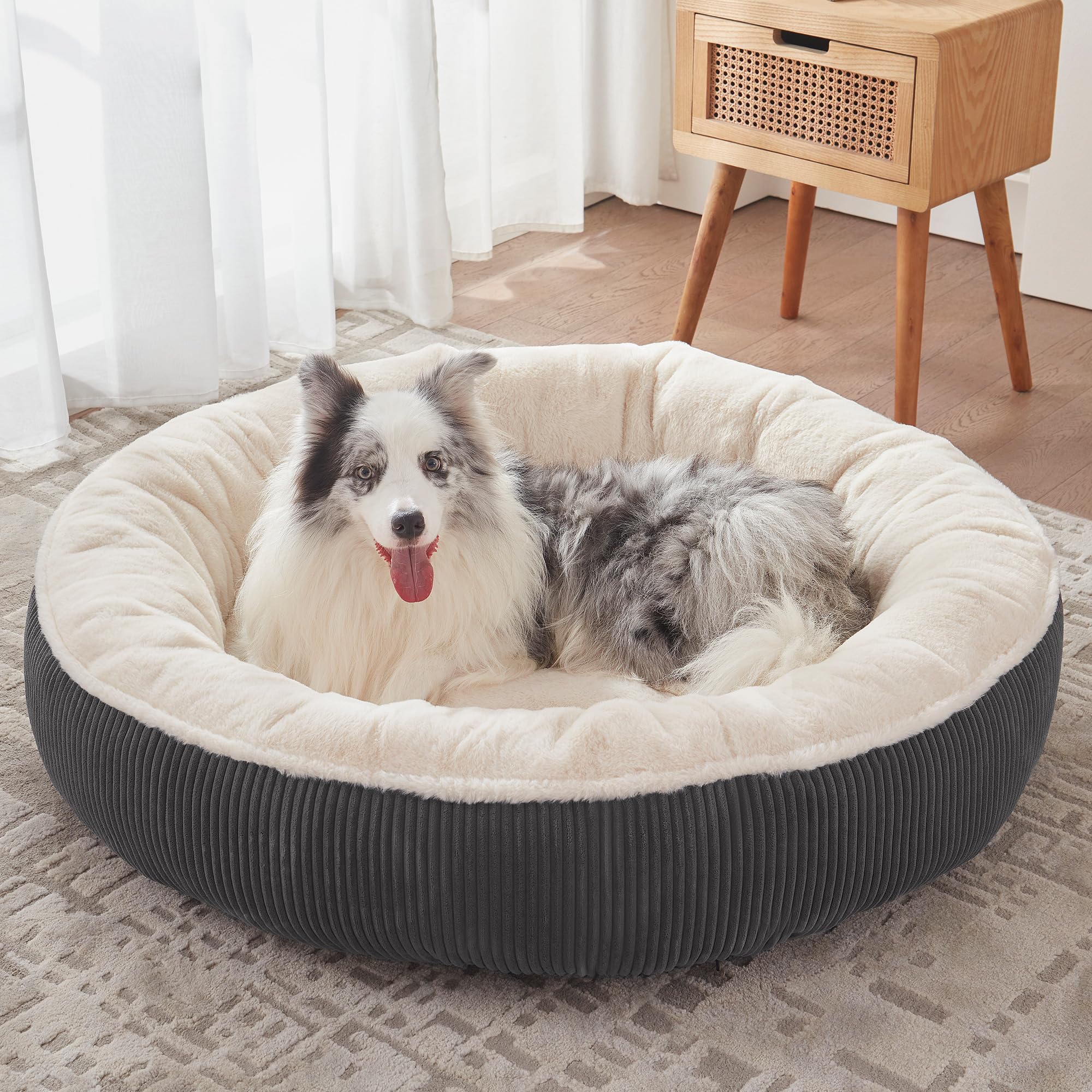 BedStill Donut pour chien XL sur sol gris foncé, confort enveloppant.