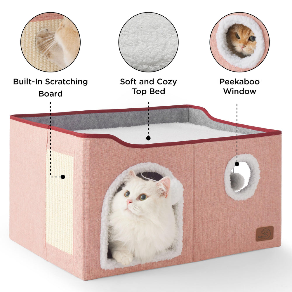 Bedsure cabane chat boules peluche rose, jouet interactif pour distraction.