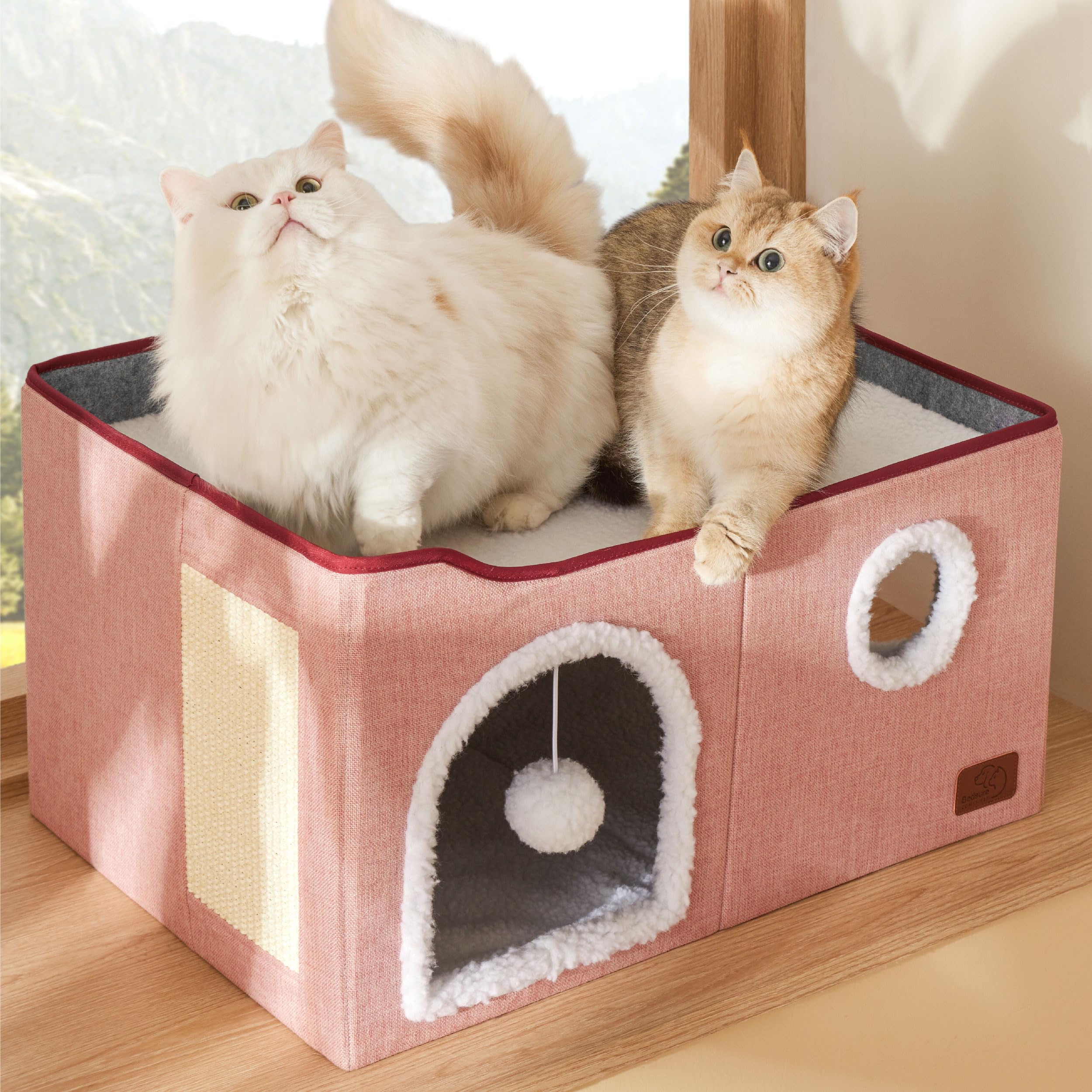 Bedsure cabane chat rangement pliable rose, facile à transporter et nettoyer.