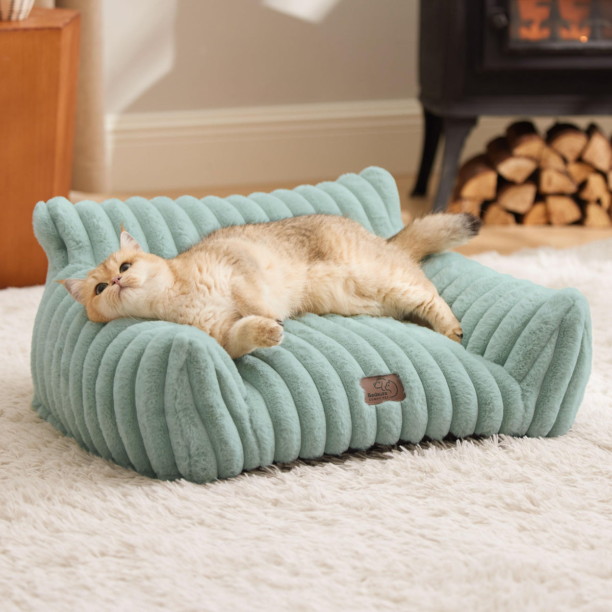Bedsure ComfyFleece Canapé Animaux 24p vert jardin, parfait pour le repos confortable des chats et chiens.
