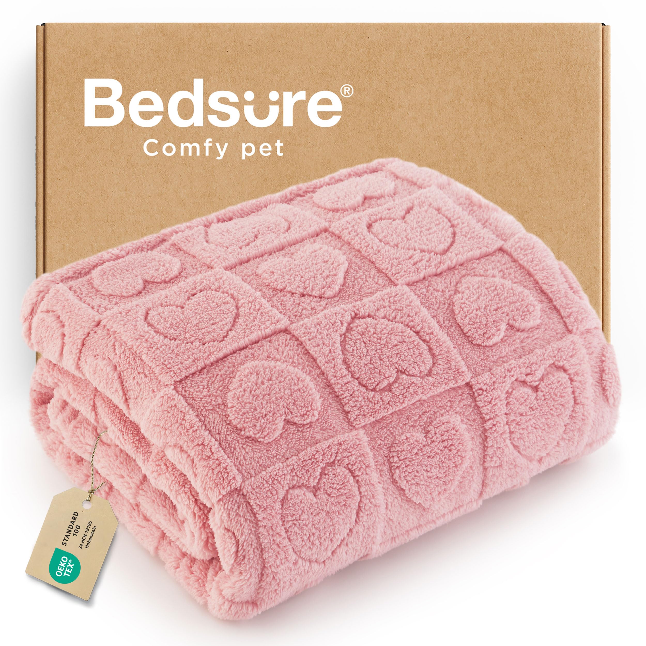 Bedsure: couverture pour petit chien rose 25x35, douce et réconfortante sur canapé.