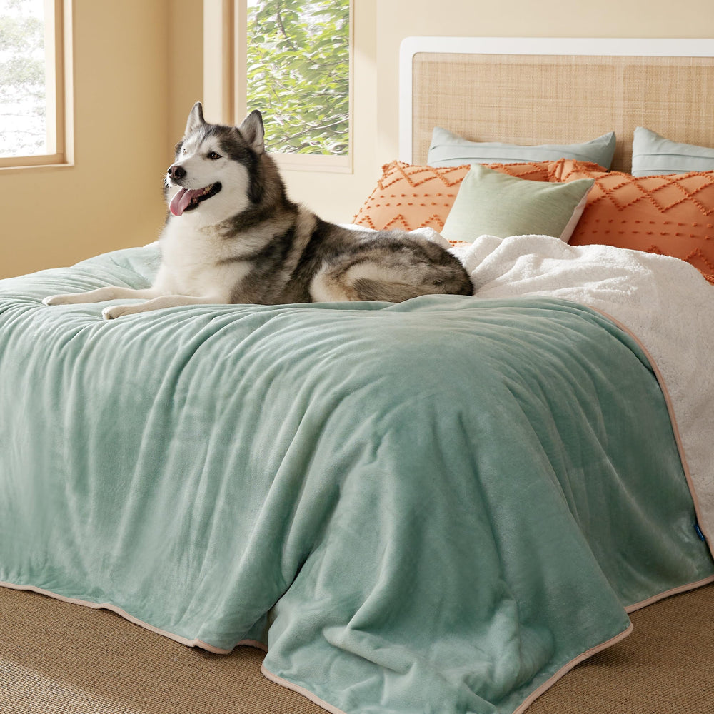 Bedsure couverture imperméable sur lit montrant la face sherpa chaude et protectrice.