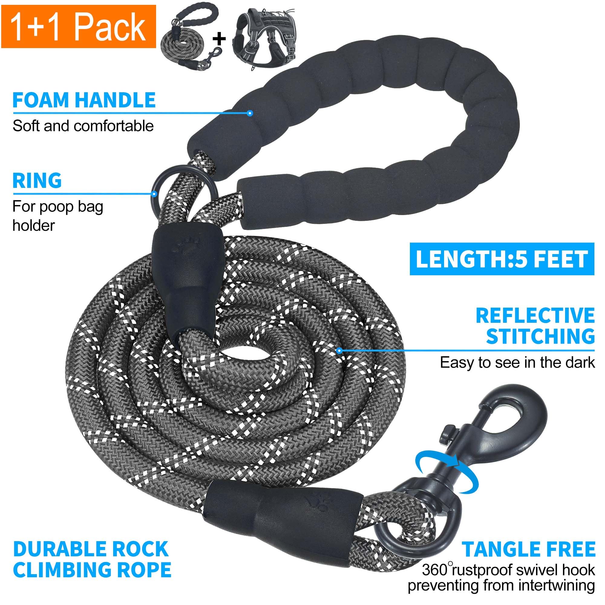 Beebiepet longe de 5 pieds avec poignée mousse, sortie pratique.