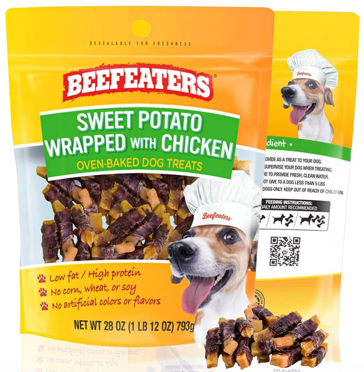 Beefeaters patate douce enrobee poulet: friandise naturelle et appétente pour l'entraînement.