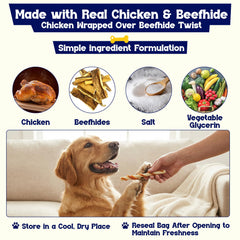 Beefeaters poulet enrobe beefhide 5po, texture résistante pour mastication soutenue.