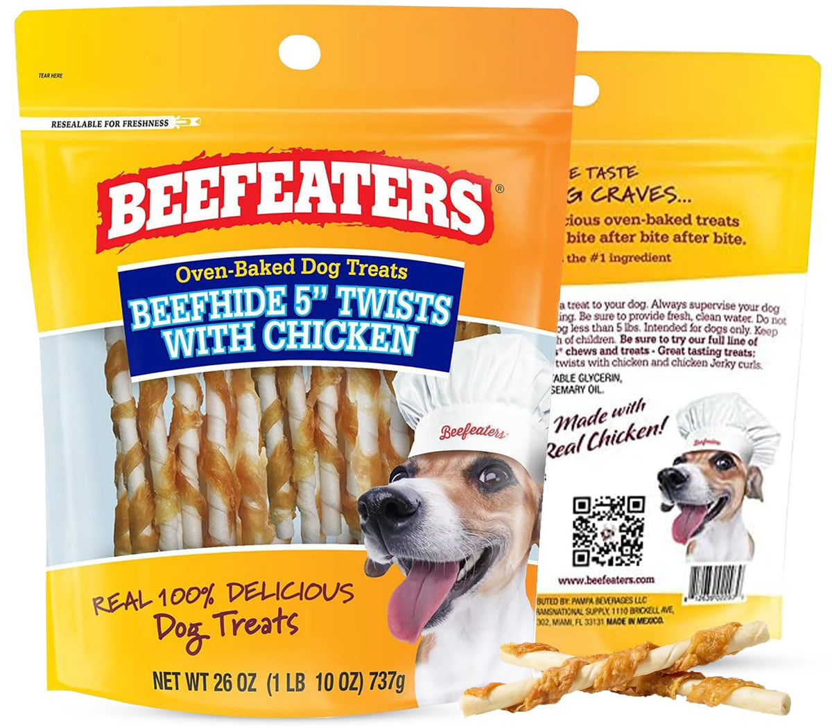 Beefeaters Twist poulet 5po, bouchée longue pour stimulation et récompense lors de l’entraînement.