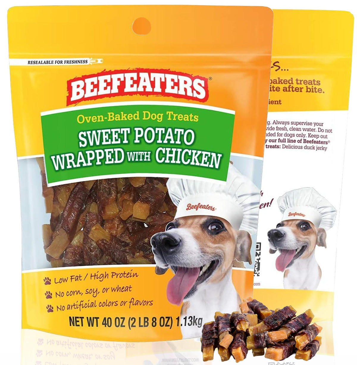 Beefeaters patate douce enrobée poulet, sachet 40 oz; récompense pratique