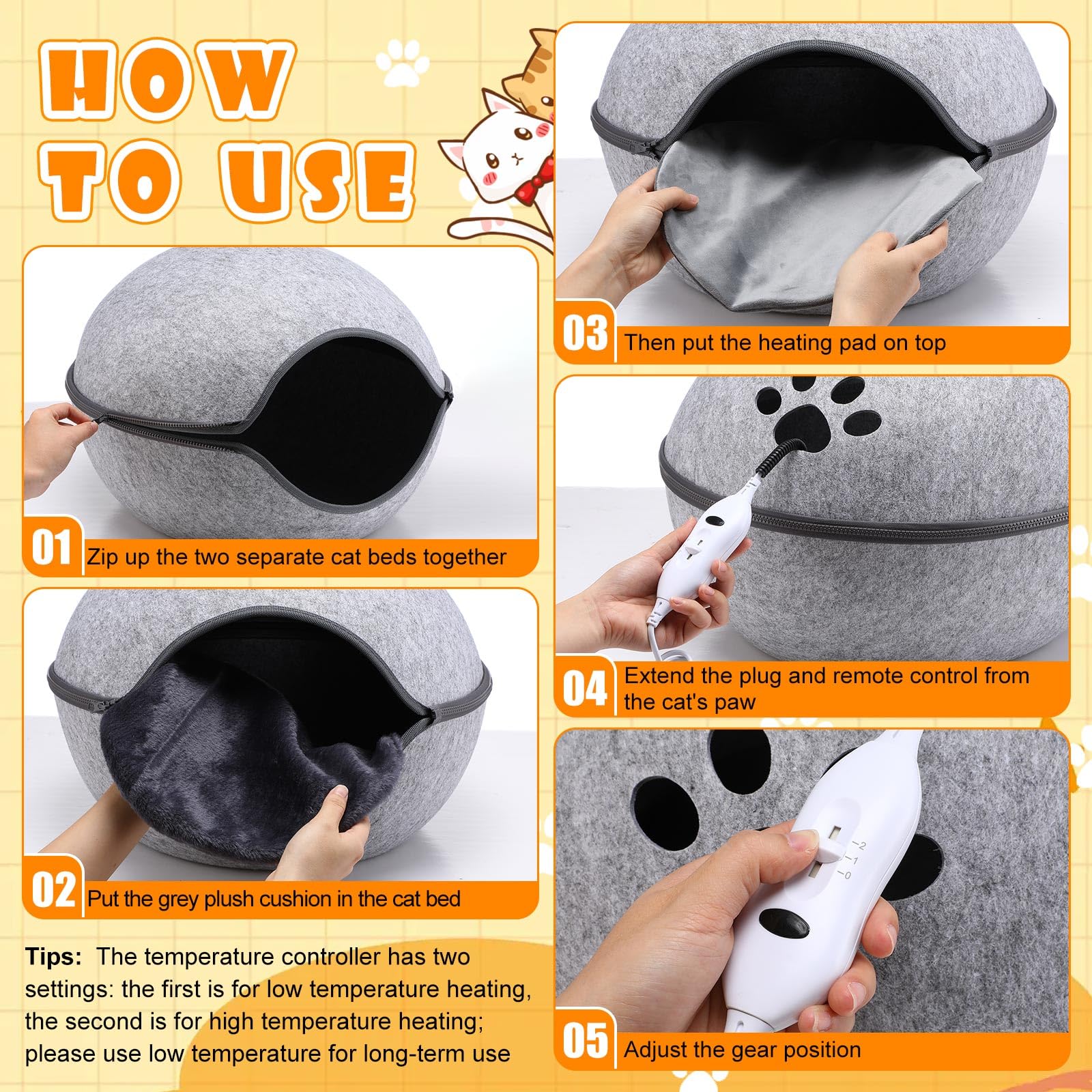 Beeveer lit-chaleur chat cave gris, tissu durable et résistant