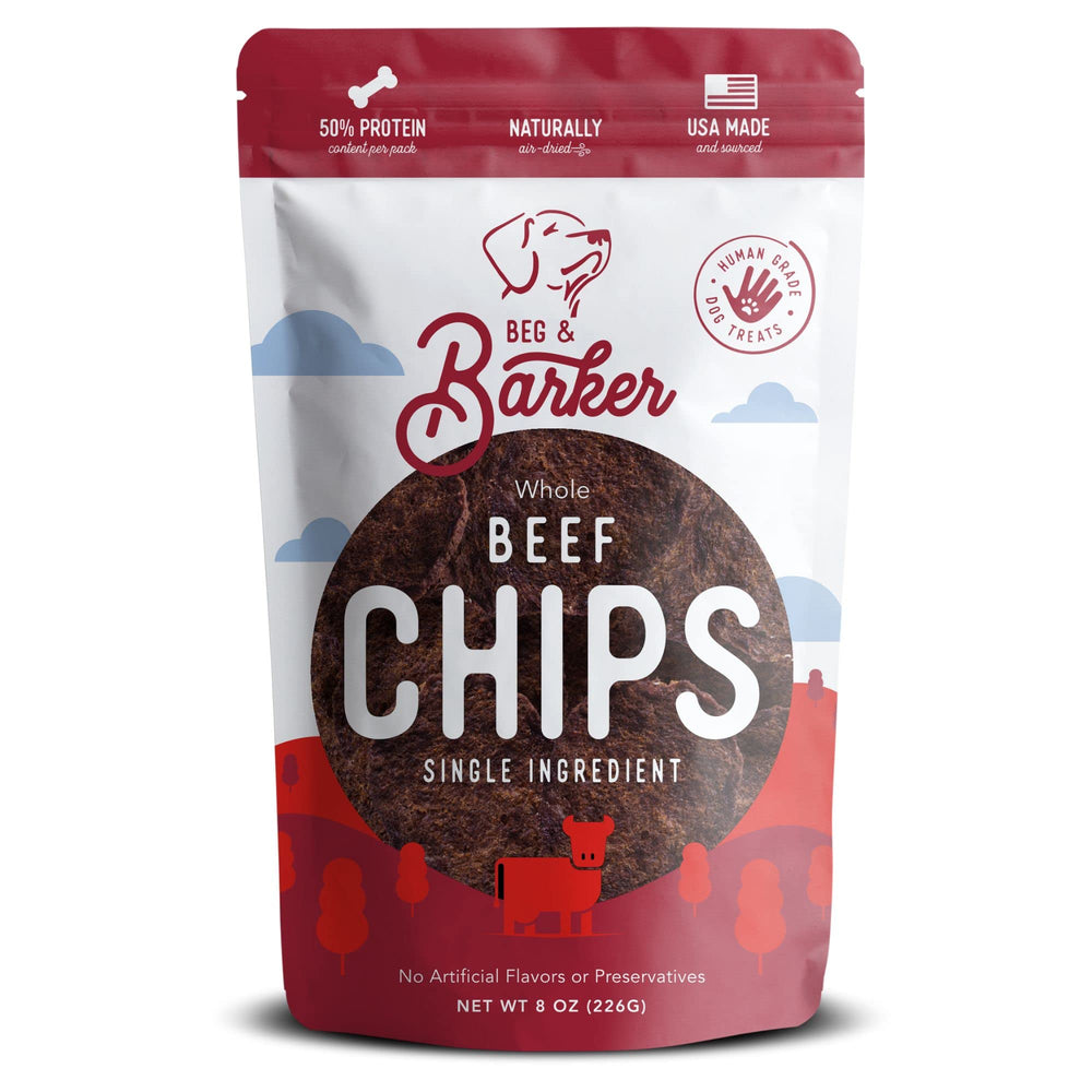 Beg & Barker chips boeuf dans sac, récompense croustillante pour chien.