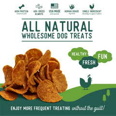 Chien dégustant Beg & Barker chips poulet, récompense protéinée et naturelle.