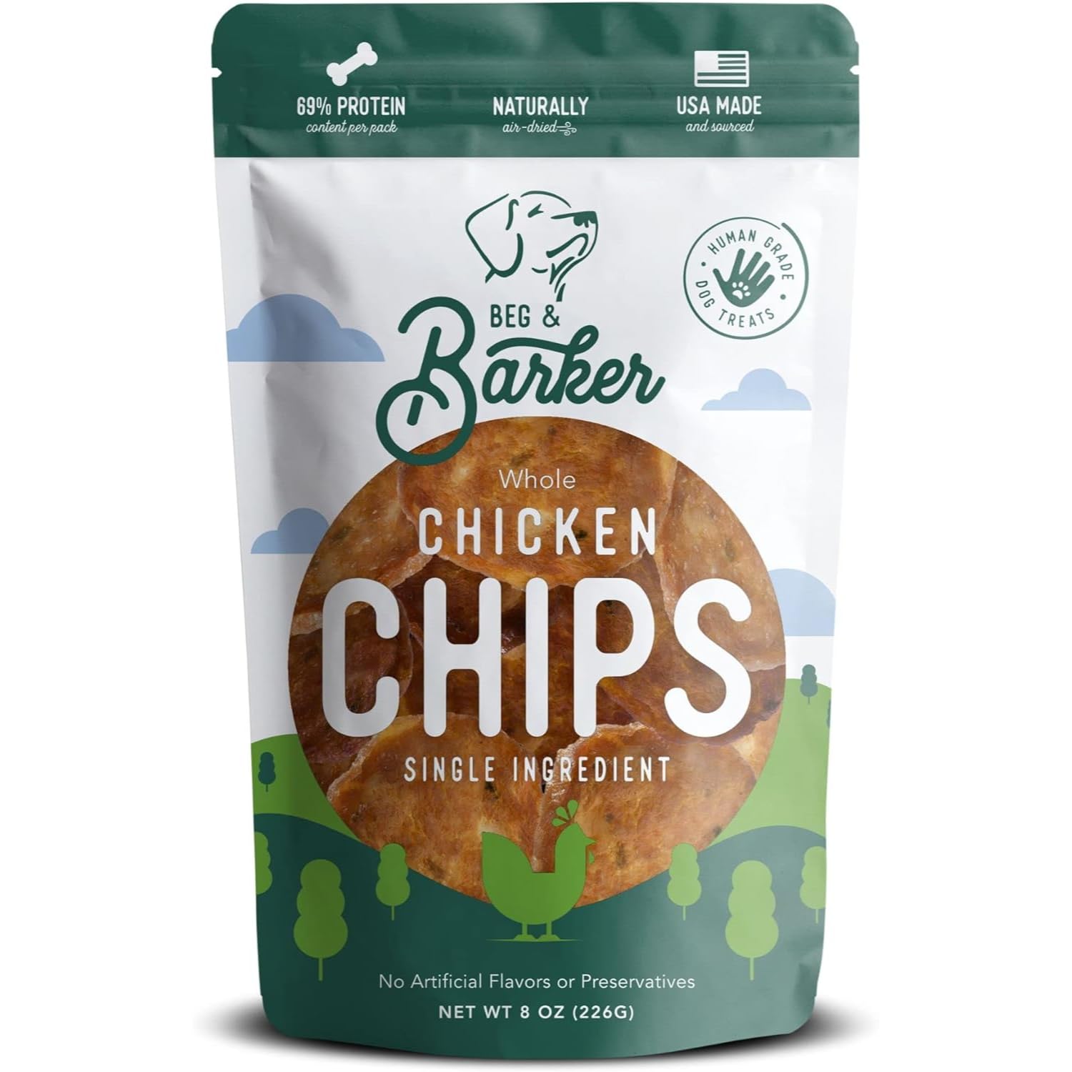 Beg & Barker chips poulet pour chien, sachet 8oz, source de protéine naturelle.