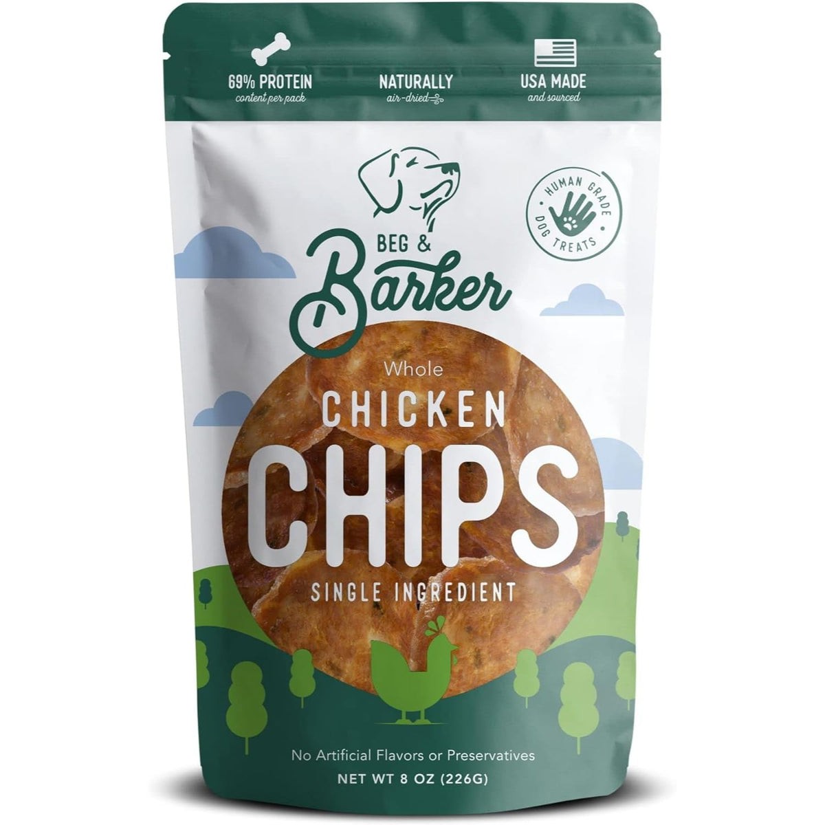 Beg & Barker chips poulet pour chien, sachet 8oz, source de protéine naturelle.