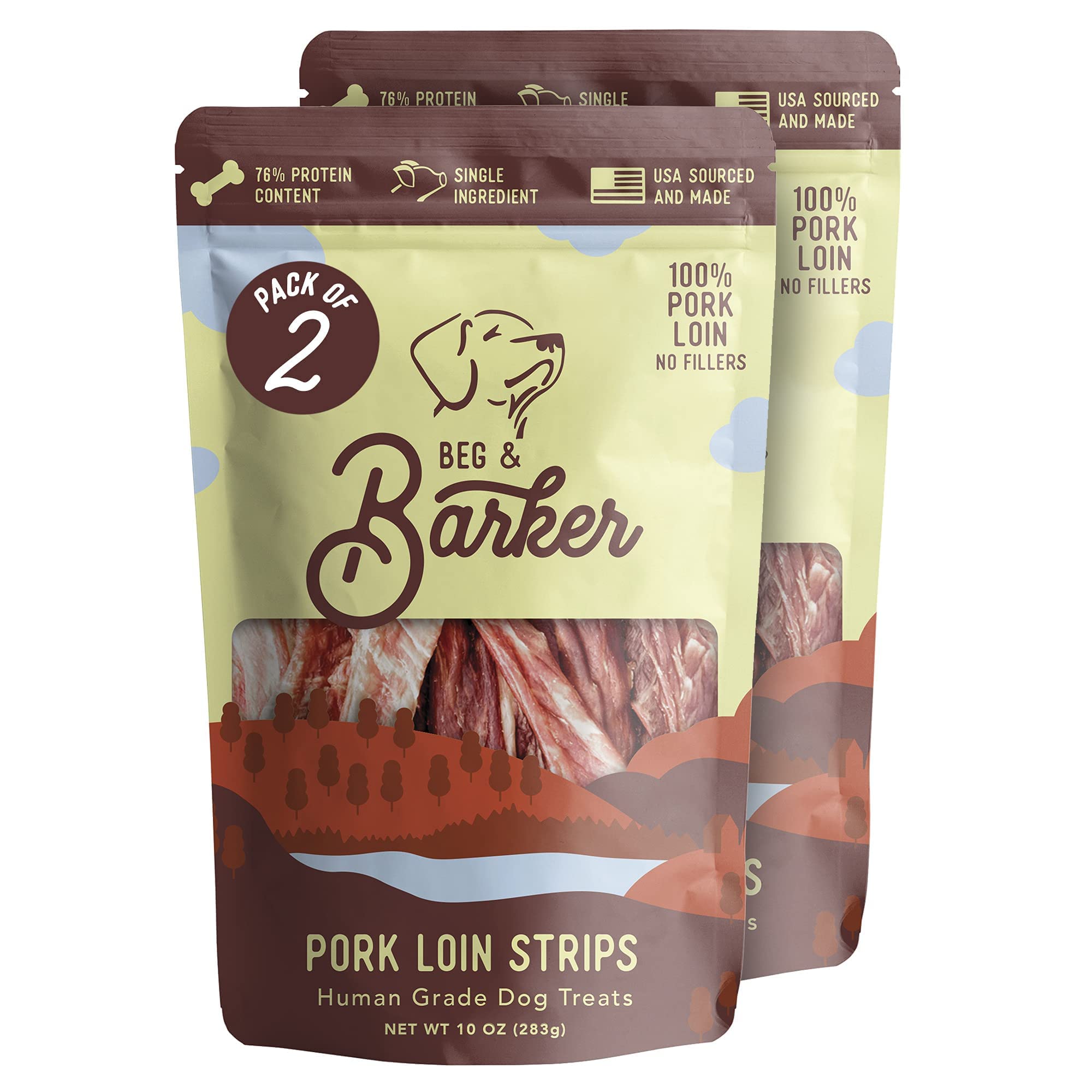 Beg & Barker porc jerky dans le sachet, friandise protéinée idéale pour le dressage.