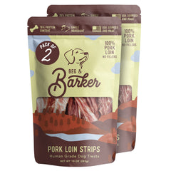 Beg & Barker porc jerky dans le sachet, friandise protéinée idéale pour le dressage.
