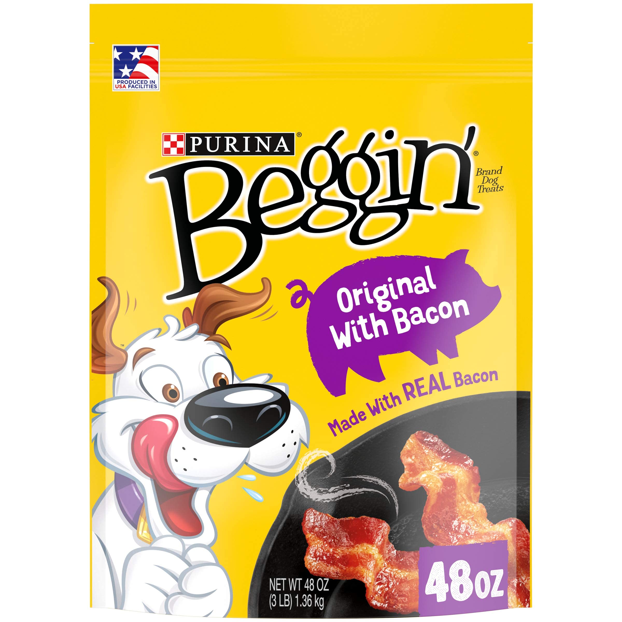 Beggin' Strips bacon fromages emballage pratique prêt à l'emploi.