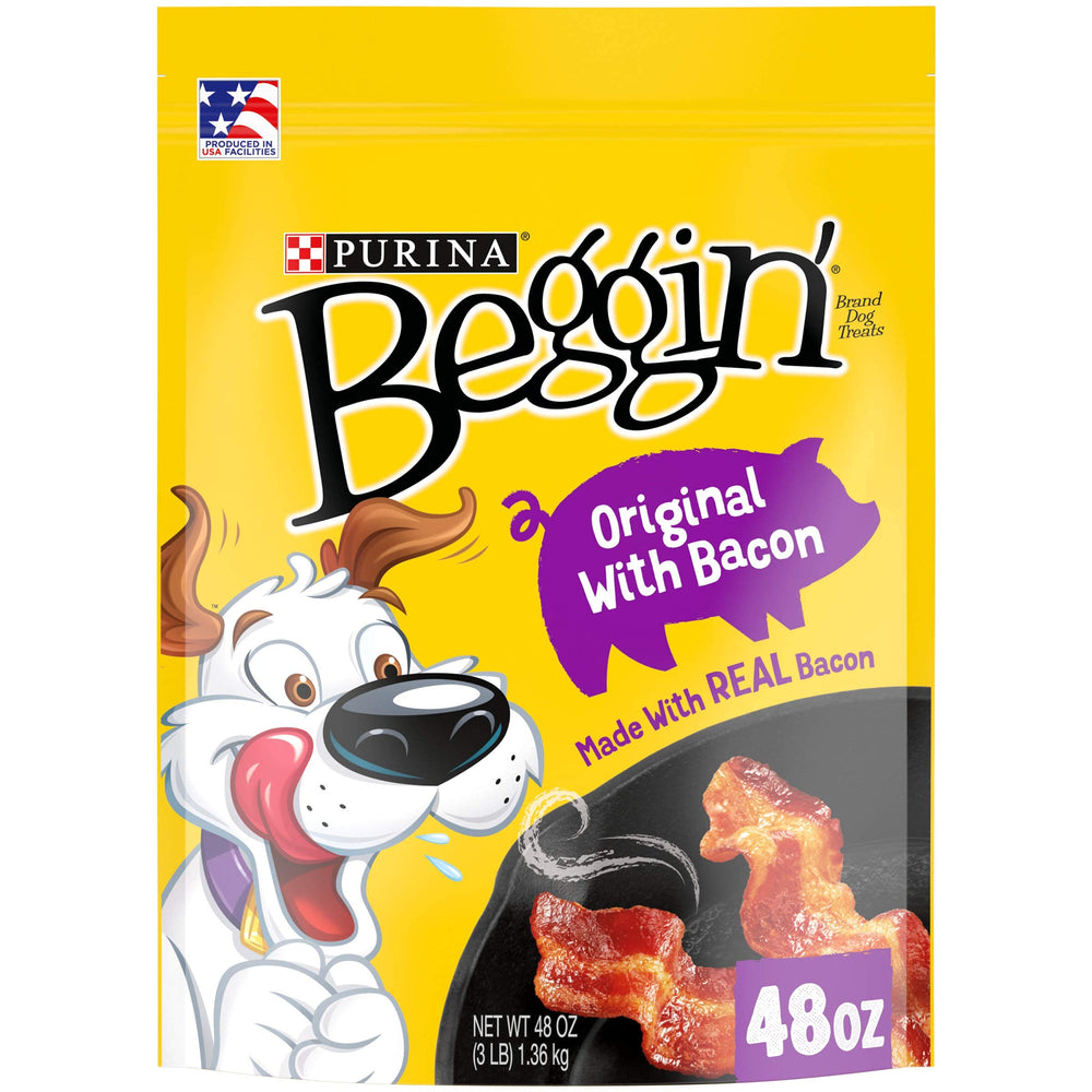Beggin' Strips bacon fromages emballage pratique prêt à l'emploi.