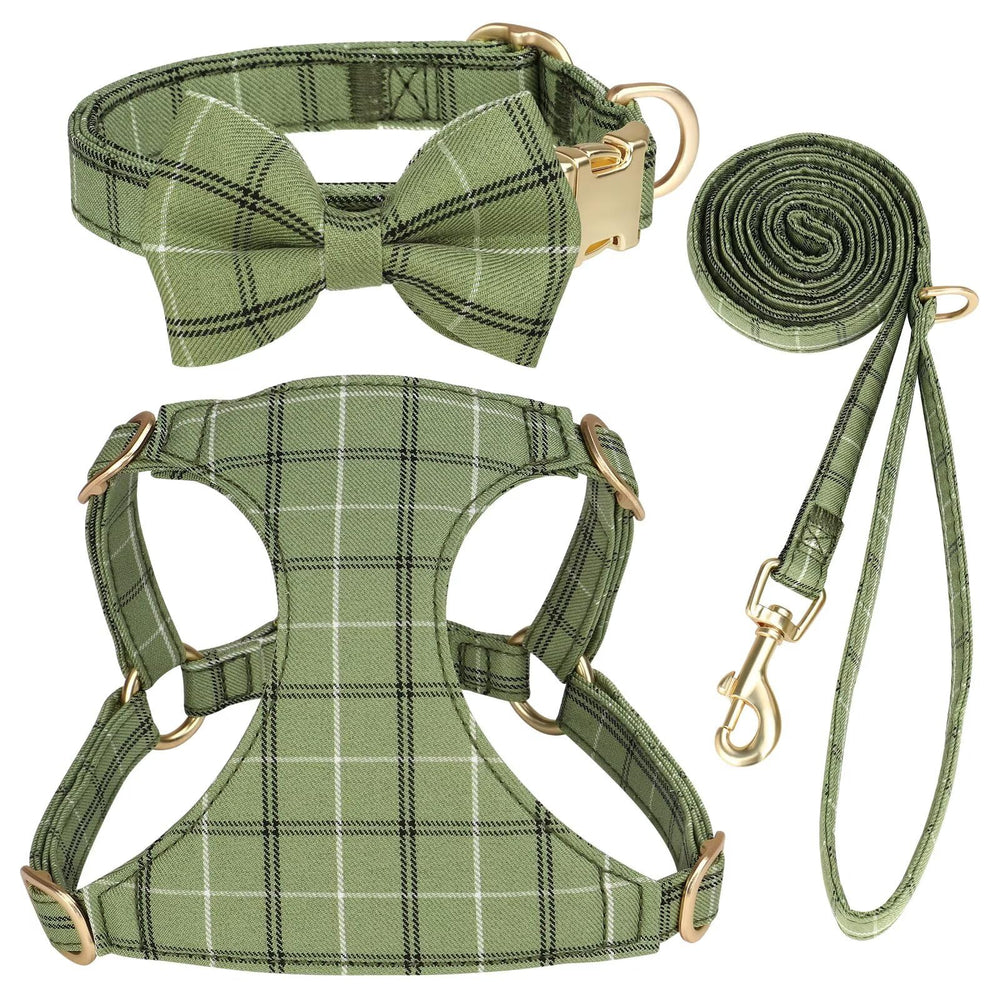 Beirui harnais petit chien plaid vert, confort léger pour les promenades.