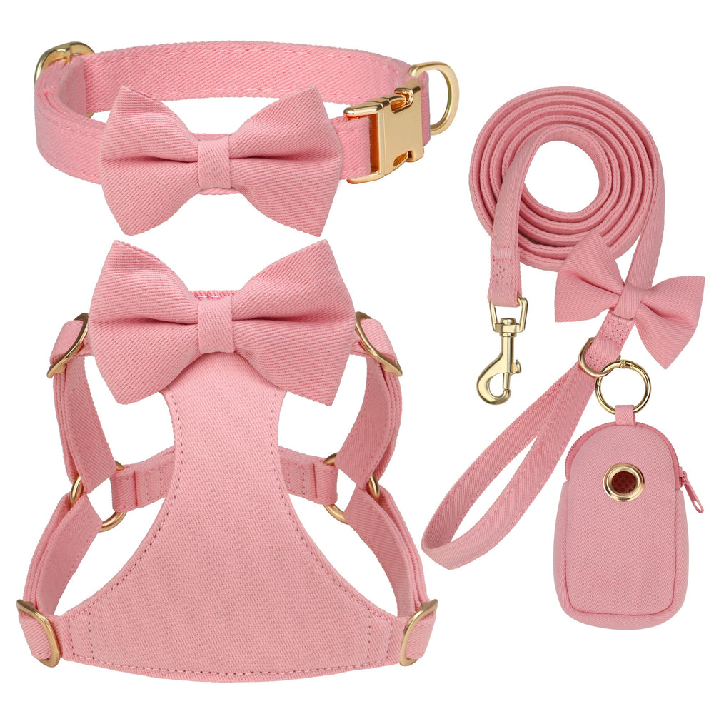Harnais Beirui pour petit chien rose avec 3 nœuds, confortable lors des promenades.