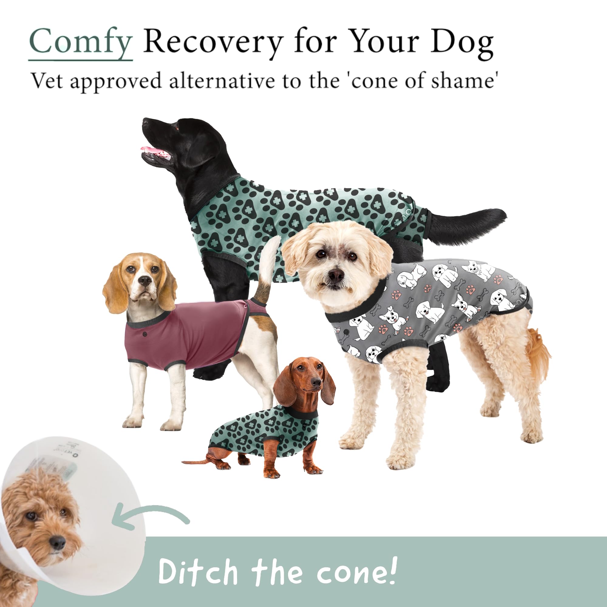 BellyGuard combinaison recovery chien vue latérale, liberté de mouvement.