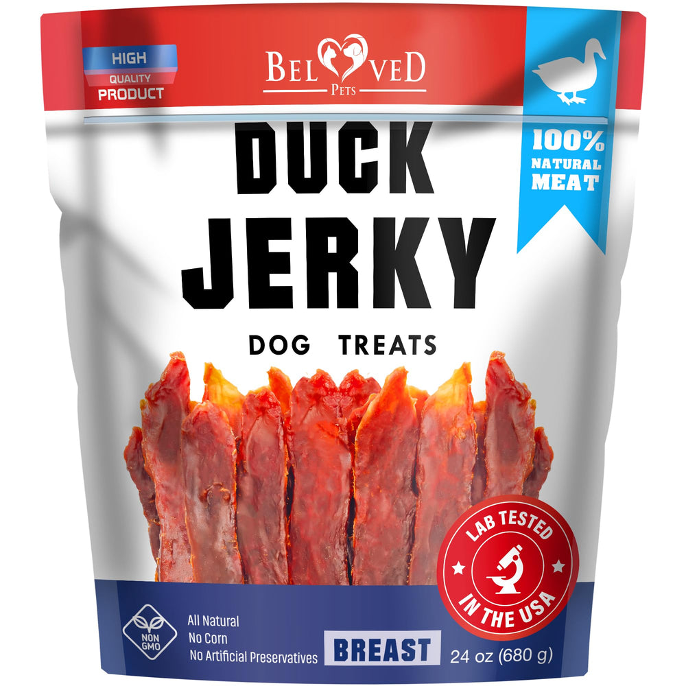 Beloved Pets canard jerky 1,5 lb dans un emballage pratique pour les sorties.