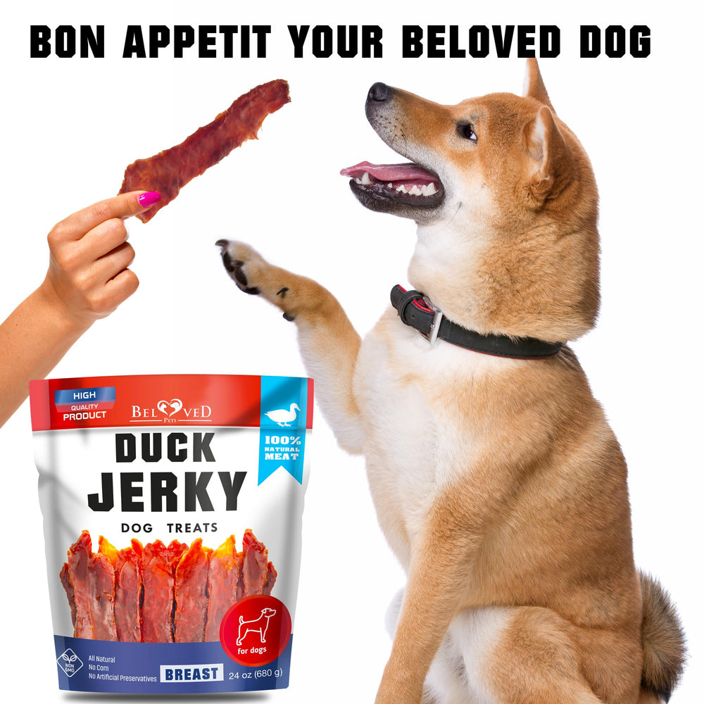 Friandises digestibles Beloved Pets canard jerky pour chiens de toutes tailles.