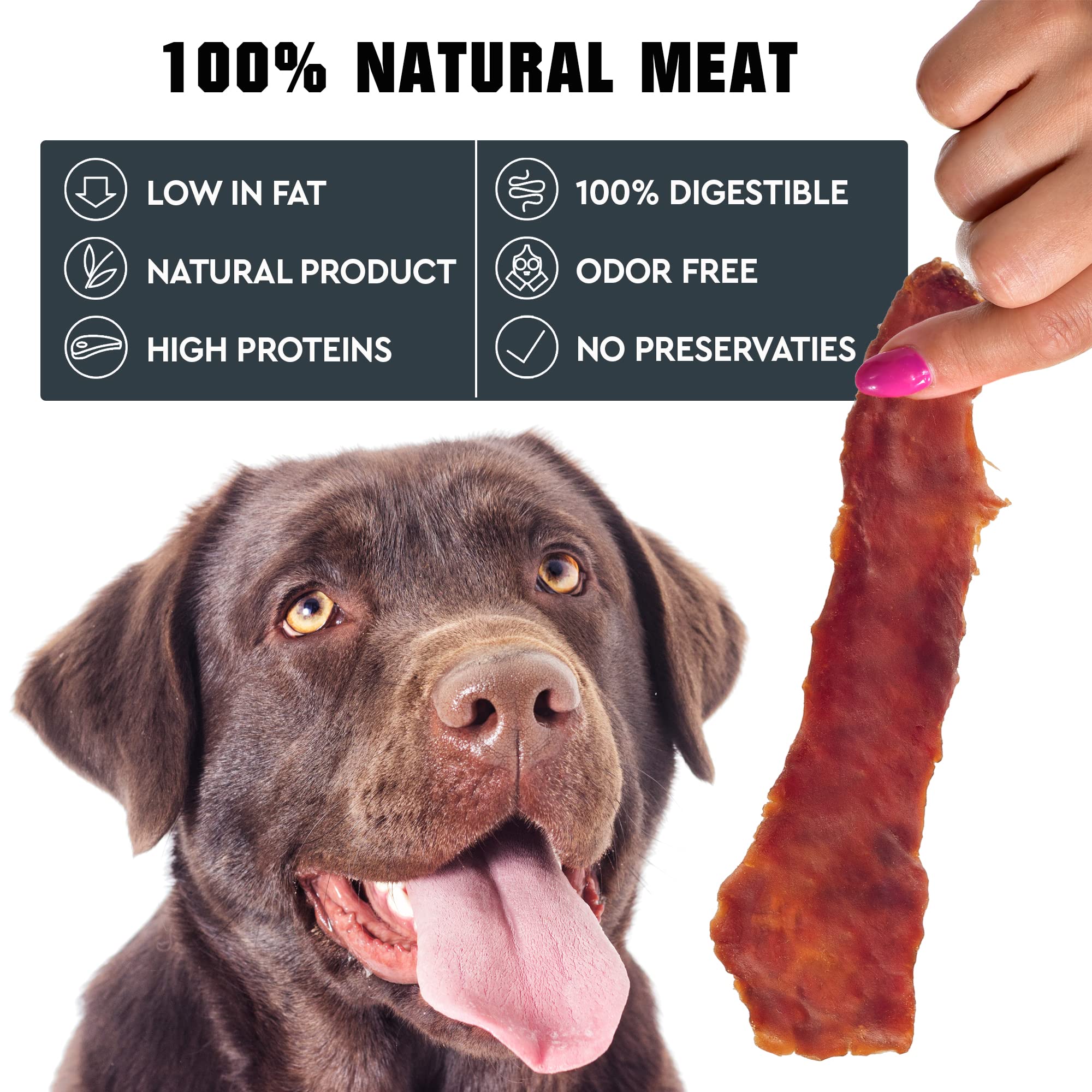 Friandises Beloved Pets canard jerky sans céréales adaptées chiens sensibles.