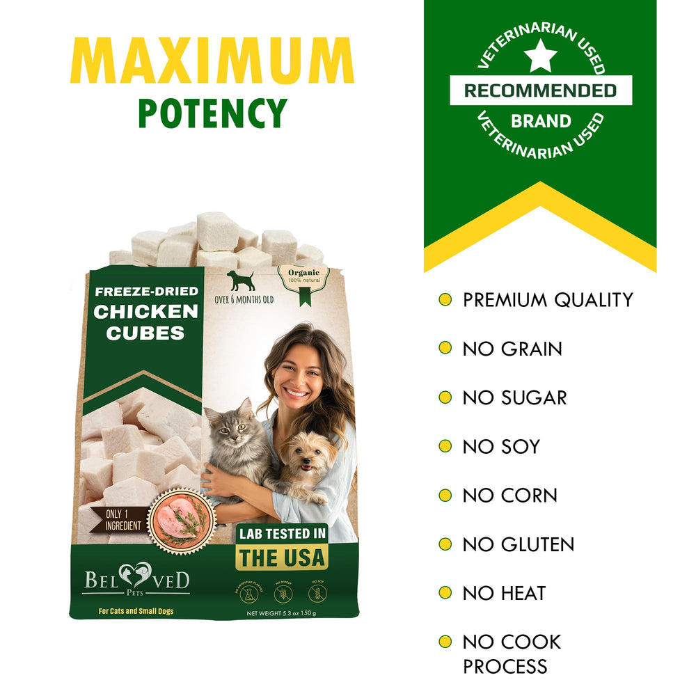 Sans céréales Beloved Pets cubes poulet lyophilise pour régimes sensibles