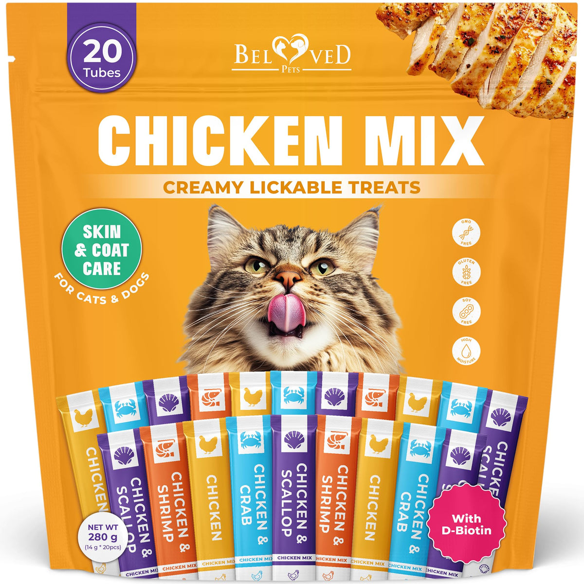 Friandises crèmeuses Beloved Pets au poulet, texture lisse et appétente pour chat.
