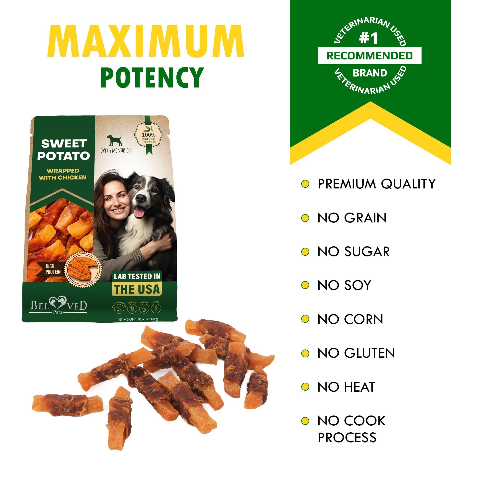 Friandise Beloved Pets tranche poulet patate douce, texture tendre et savoureuse.