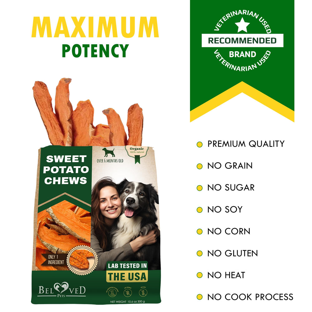 Friandises Beloved Pets sans céréales patate-douce pour estomac sensible.