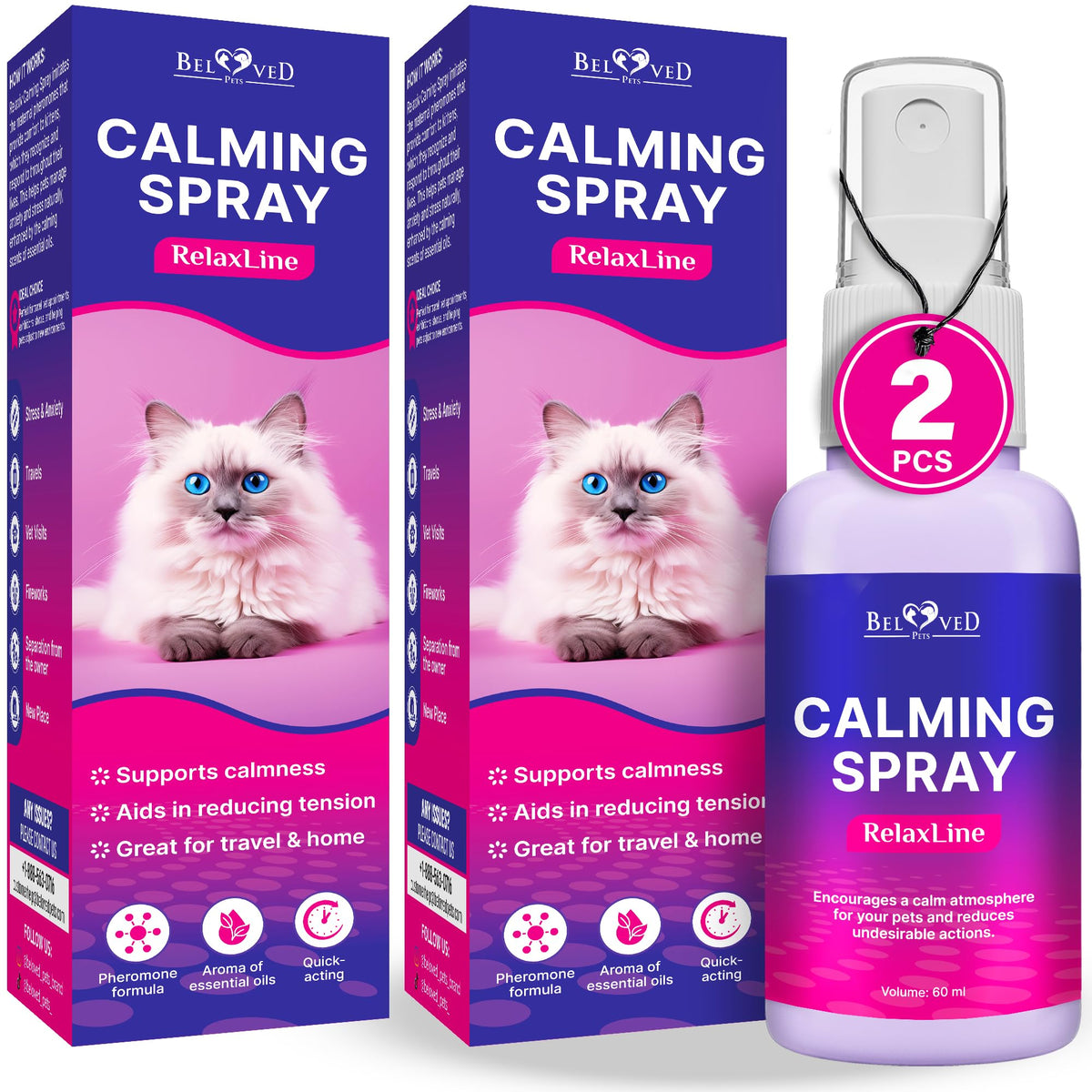 Beloved Pets Spray pheromones chat – flacon visible et apaisement potentiel.