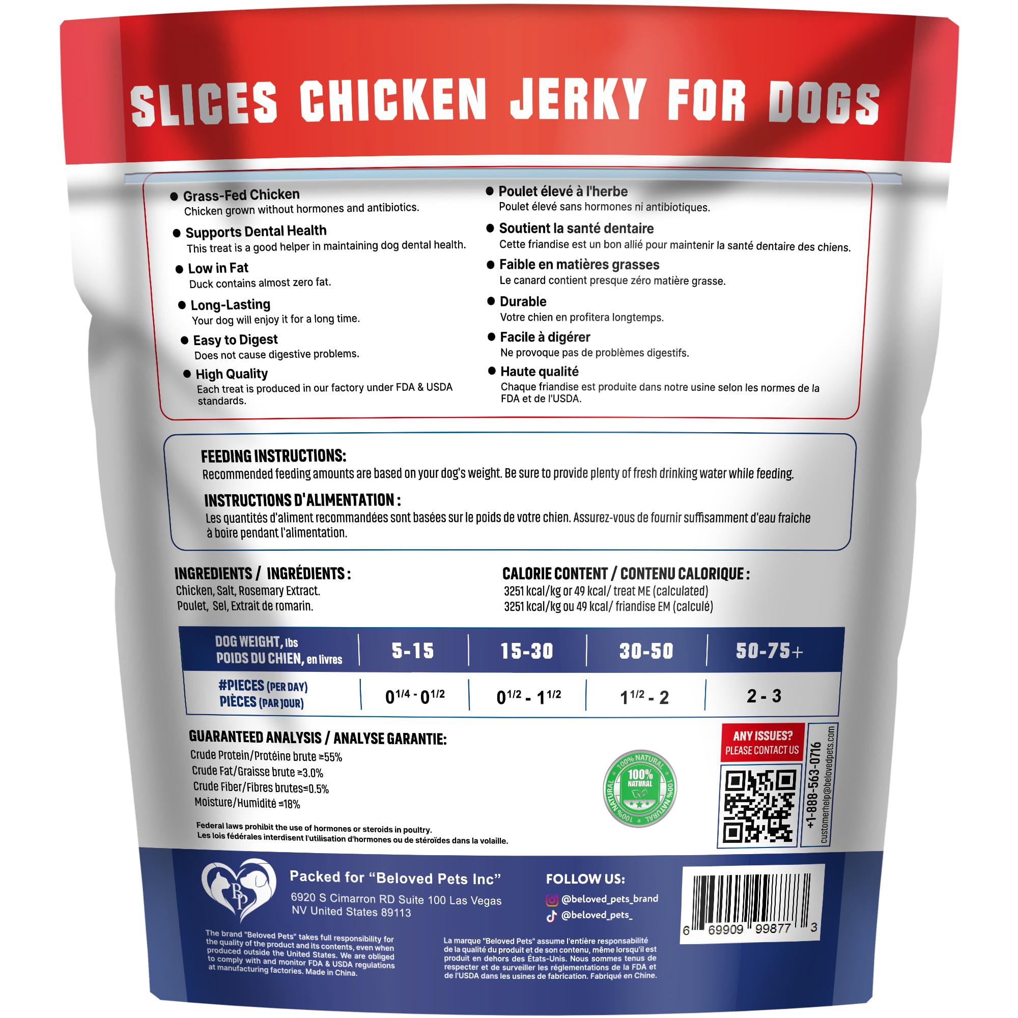 Beloved Pets – jerky poulet en tranches pour chien, récompenses lors des entraînements