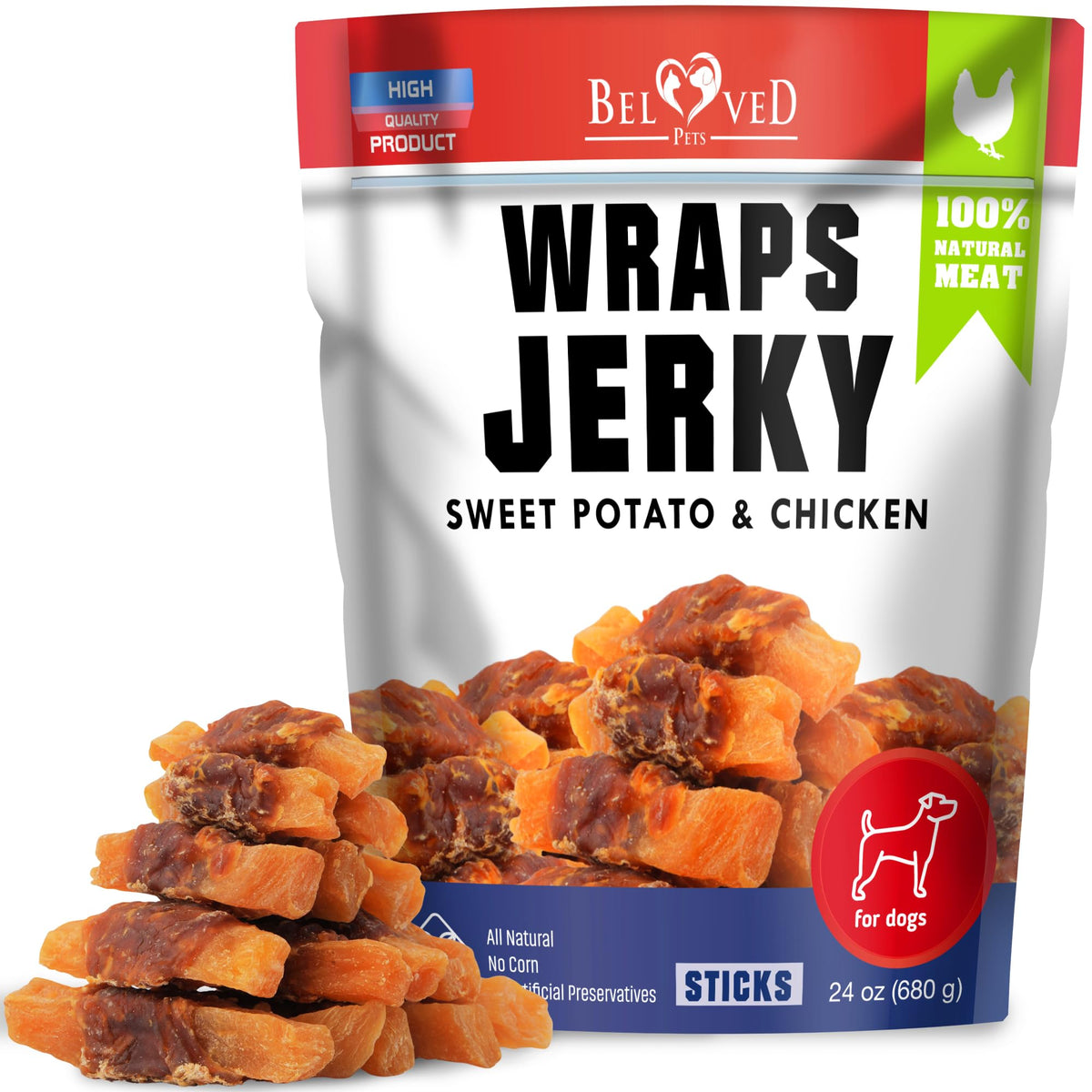 Beloved Pets Wraps patate douce poulet avec sac moelleux, pratique pour l'entraînement.