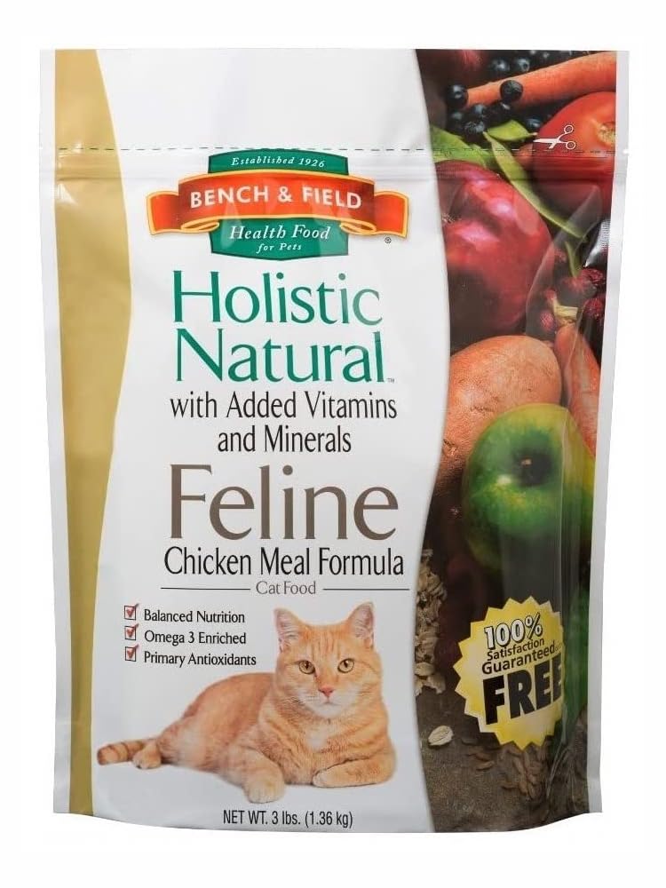 Bench & Field croquettes chat poulet et riz brun, alimentation équilibrée pour chats actifs.