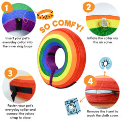 BENCMATE collier cone inflable arc en ciel pour chat, utilisation douce et visibilité préservée.
