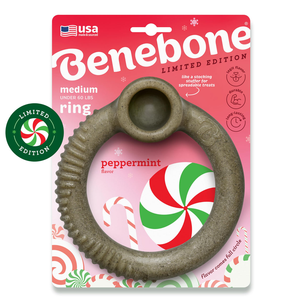 Benebone Peppermint Ring édition Noël, parfum menthe, jouet durable pour chiens actifs.