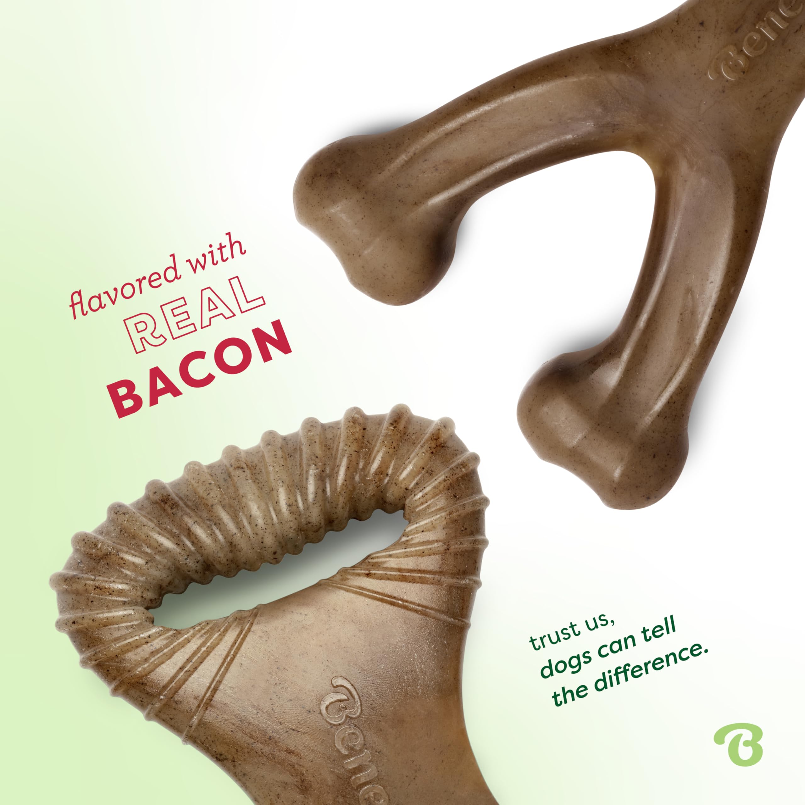 Saveur bacon réel Benebone attire le mâchage et satisfait le chien.