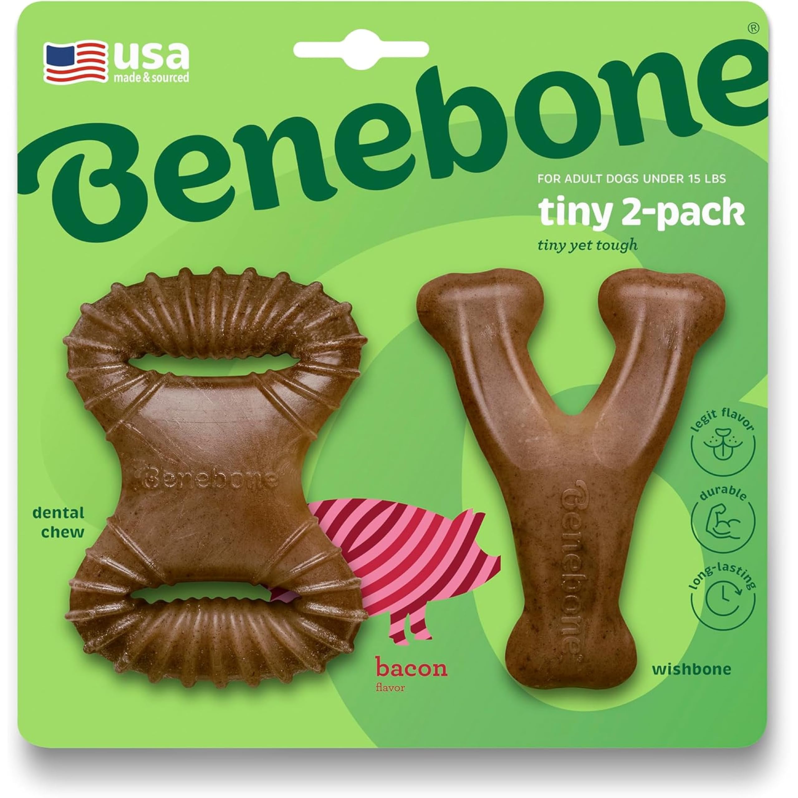 Benebone Tiny 2-Pack: jouet dentaire bacon réel pour petit chien.