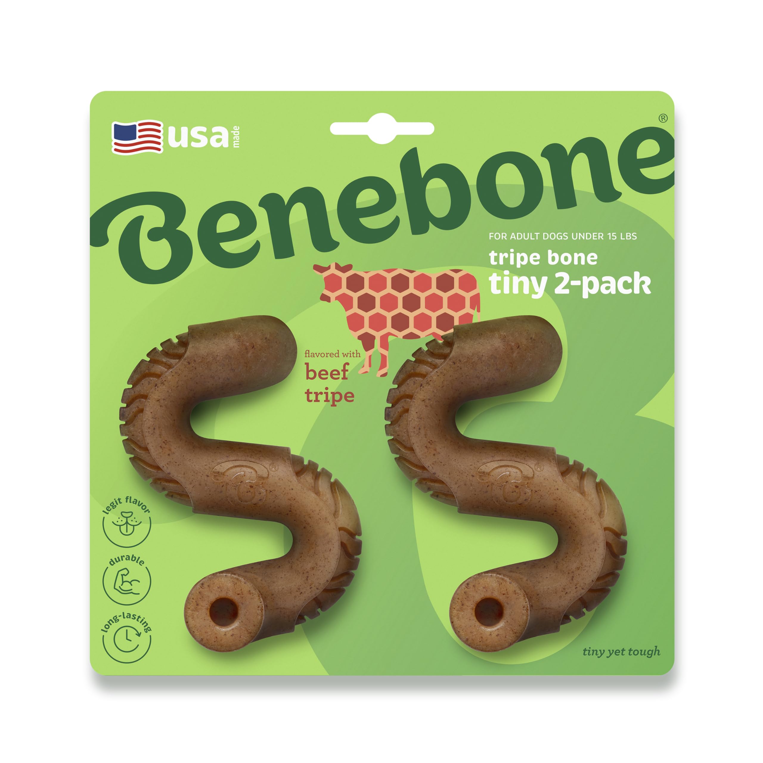 Benebone Tiny lot de 2 emballage montrant le duo durable prêt à mastiquer.