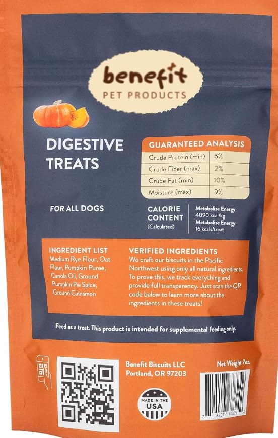 Biscuits Benefit au citrouille pour chien, soutien potentiel à la digestion et au pelage.