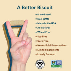 Benefit Biscuits étiquette Non-GMO, ingrédients sans OGM pour chiens sensibles.