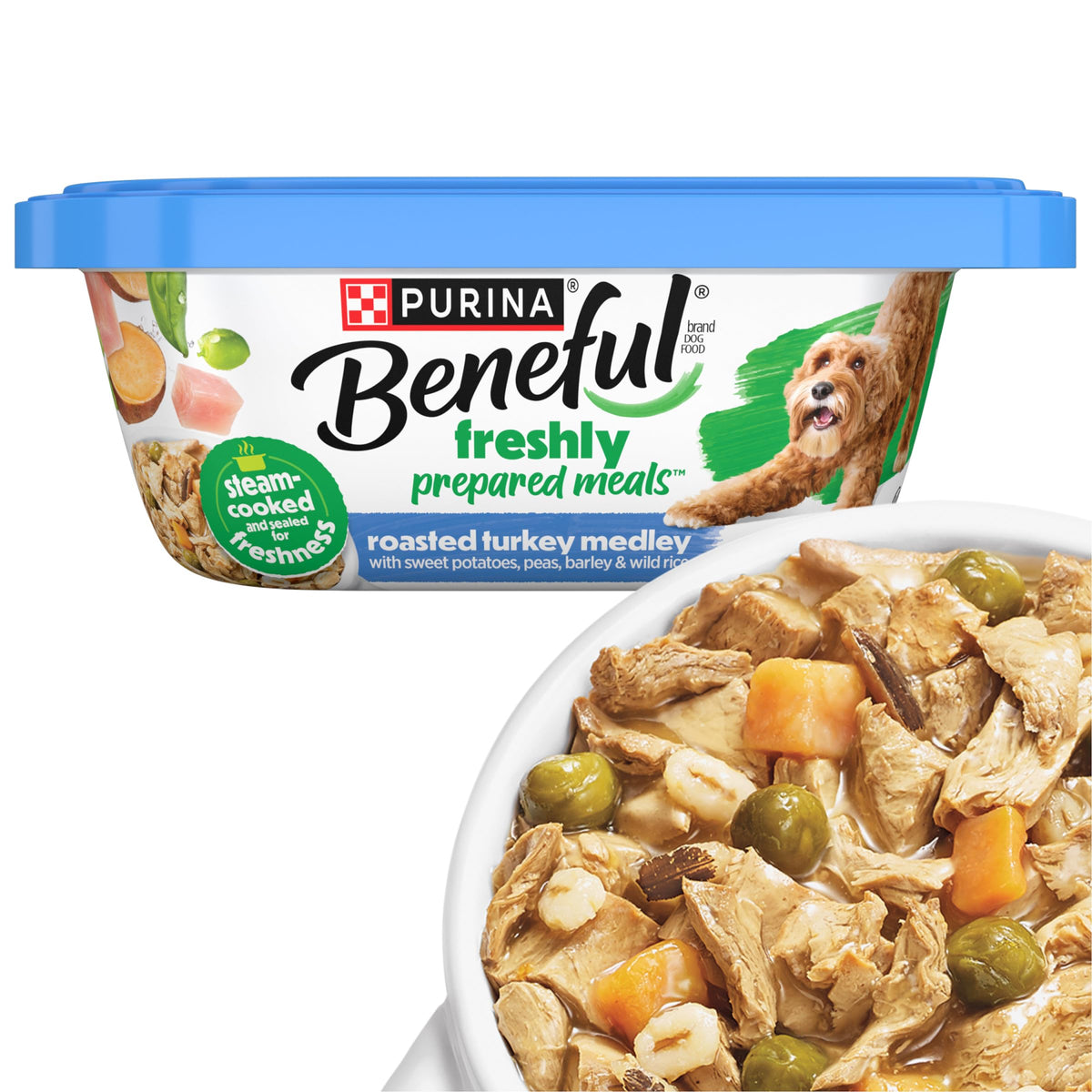 Beneful dinde rotie, morceaux dans sauce, portion pratique et appétissante.
