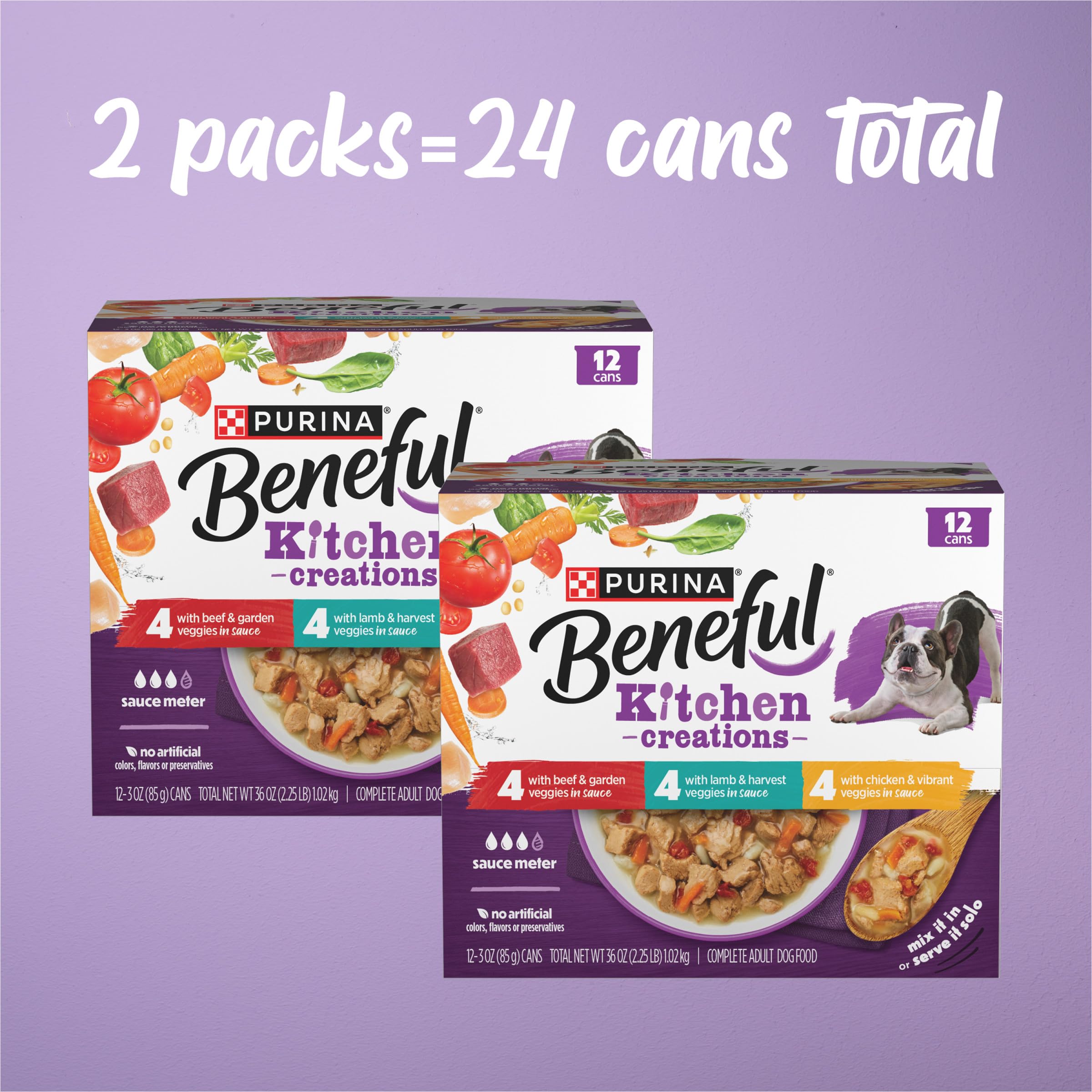 Beneful Medleys boeuf avec legumes 3 oz, protéines visibles.