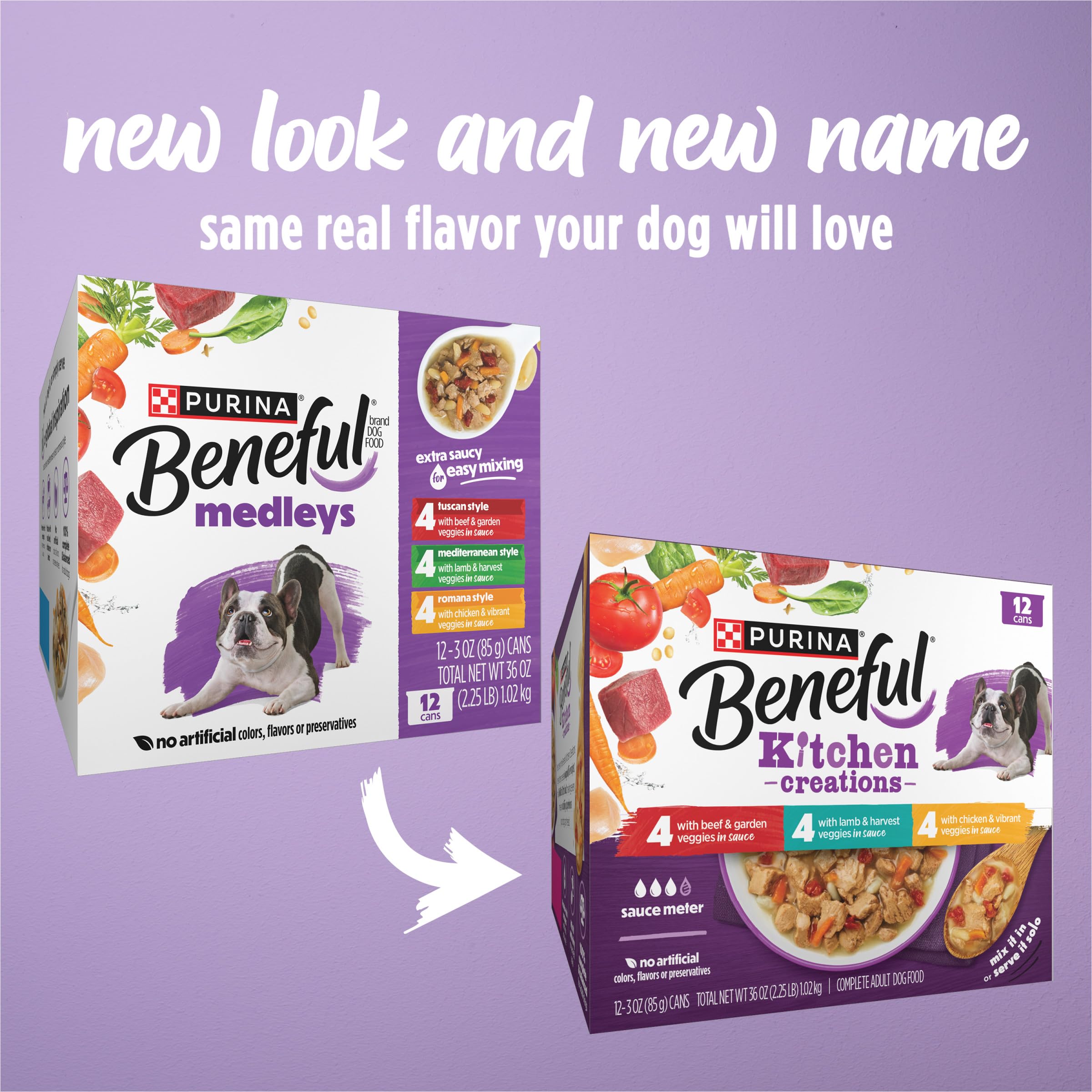 Beneful Medleys Romana 3 oz, ingrédients visibles.