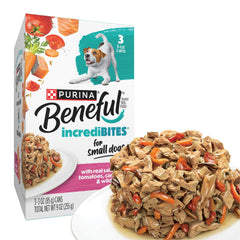 Beneful saumon réel et sauce pour petit chien, repas savoureux et complet.