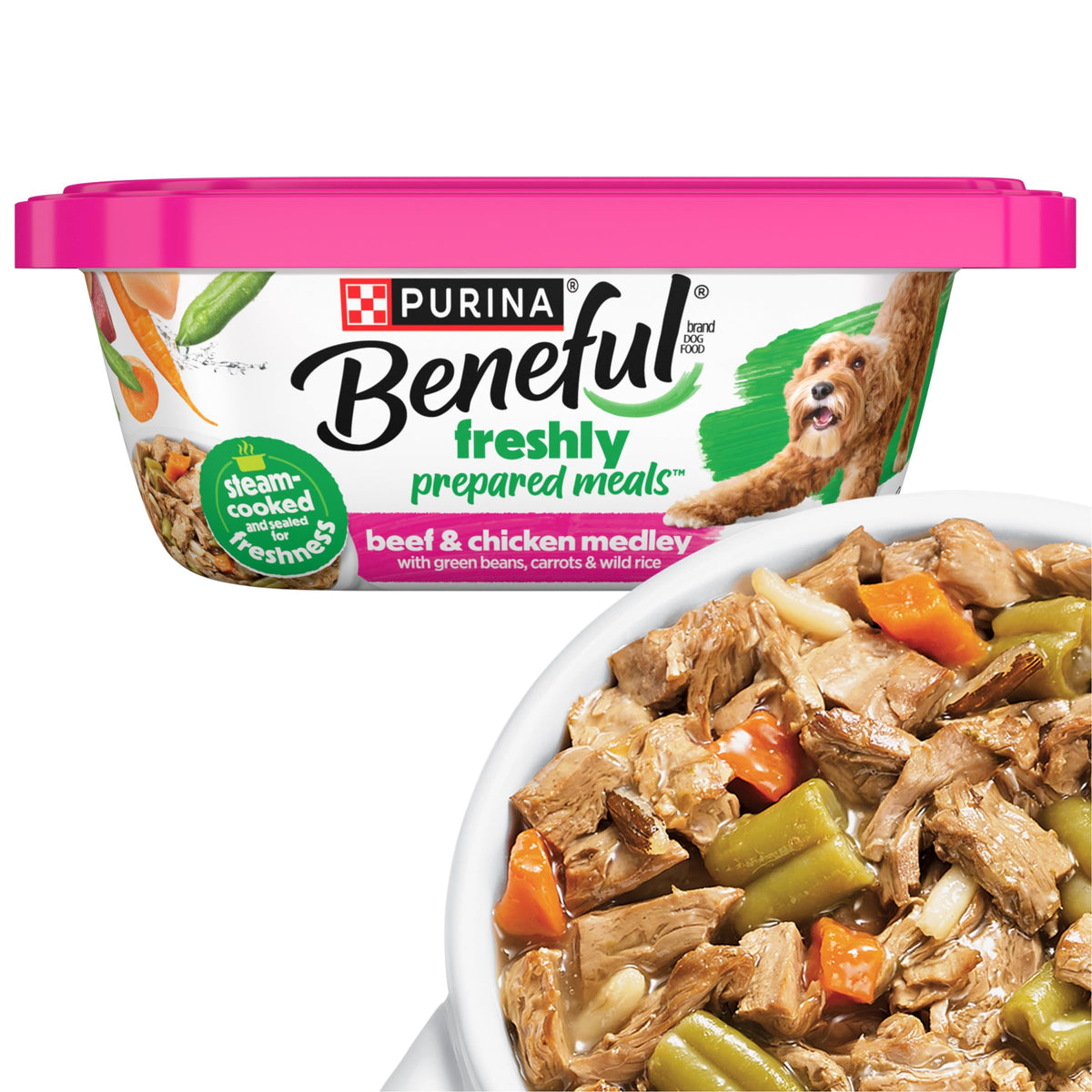 Beneful Purina pot humide avec bœuf et poulet et légumes visibles, protéines équilibrées.