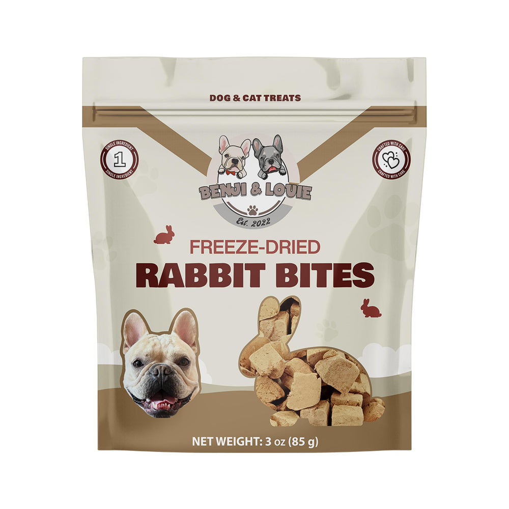 Benji & Louie bouchées lapin lyophilisées, emballage 85 g, idéale récompense.