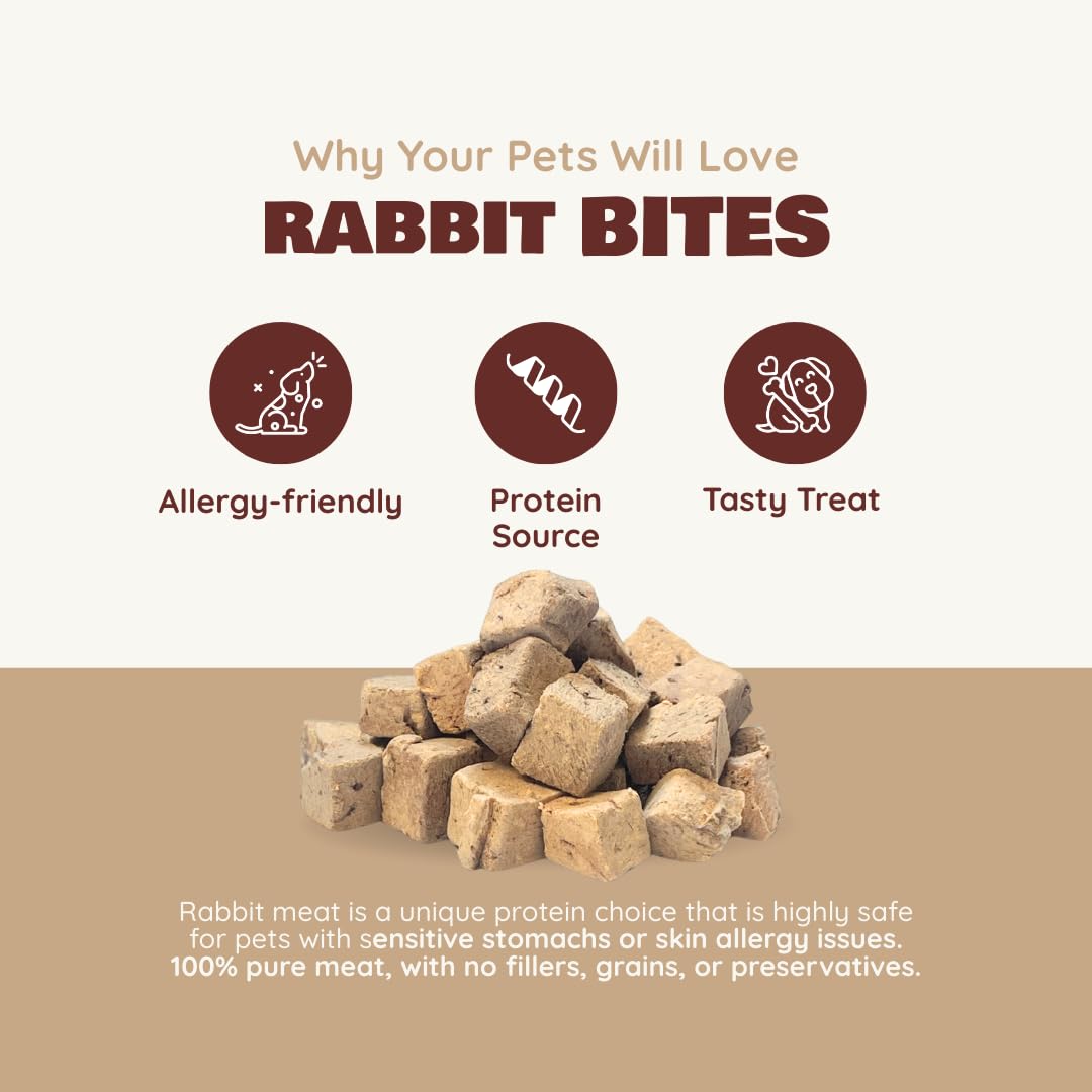 Benji & Louie bouchées lapin lyophilisées, sans additifs, goût délicat.